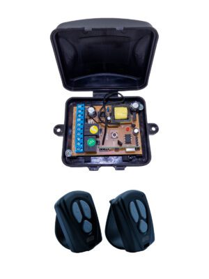 KIT RECEPTOR UNIVERSAL DOBLE CANAL PULSO/RETENCION 127V/220V/24V/12V 256 POS FREC 433MHZ 2 RADIO TRANSMISORES