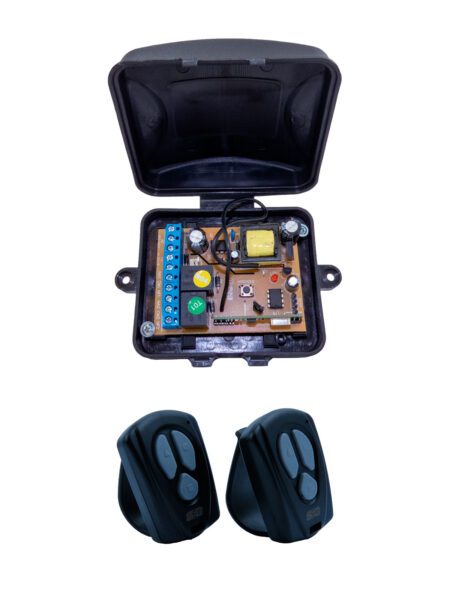 KIT RECEPTOR UNIVERSAL DOBLE CANAL PULSO/RETENCION 127V/220V/24V/12V 256 POS FREC 433MHZ 2 RADIO TRANSMISORES