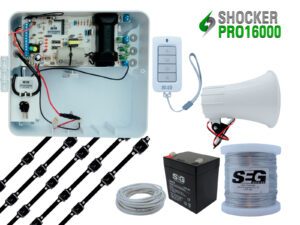 KIT ENERGIZADOR SHOCKER PRO CON LLAVE Y CONTROL INCLUYE SIRENA DE 20W,5 POSTES PARA CERCO SEG,20MTS CABLE BUJIA,ROLLO DE ALUMINIO