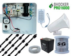 KIT ENERGIZADOR SHOCKER PRO CON LLAVE Y CONTROL INCLUYE SIRENA DE 30W,5 POSTES PARA CERCO SEG,20 MTS CABLE BUJIA, ROLLO DE ALUMINIO