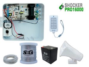 KIT ENERGIZADOR SHOCKER PRO CON LLAVE Y CONTROL INCLUYE SIRENA 30W,ROLLO DE ALUMINIO, 20MTS CABLE BUJIA Y BATERIA DE 12V
