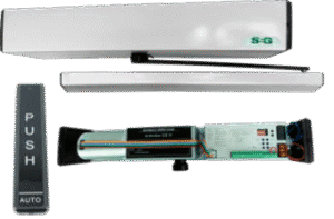 KIT OPERADOR PARA PUERTAS PEATONALES SLF BLDC 127V CON BOTON INALAMBRICO 433.MHZ