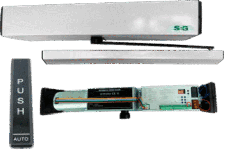 KIT OPERADOR PARA PUERTAS PEATONALES SLF BLDC 127V CON BOTON INALAMBRICO 433.MHZ
